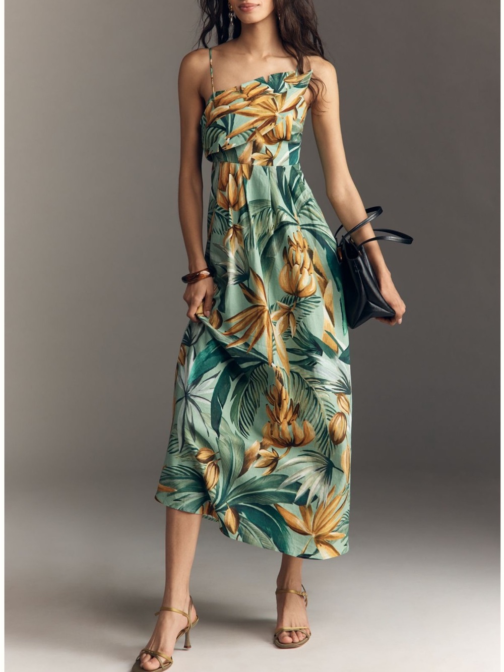 New FARM Rio x Anthropologie Asymmetrical Tropical Linen Blend Dress